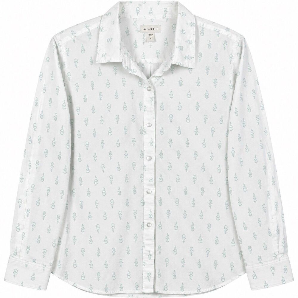 Garnet Hill Organic Pima Cotton Shirt Womens Size 4 White Leaf Print Button Up